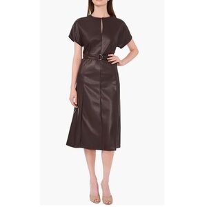 Halogen Faux Leather Brown Belted Midi Dress Sz XL
